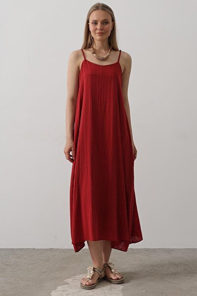 Trend Alaçatı Stili Women's Burgundy Strappy Long Bell Dress Vs00417