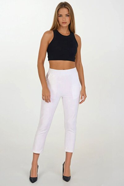 Trend Alaçatı Stili Women's White Double Pocket Elastic Waist Carrot Pants Vs...