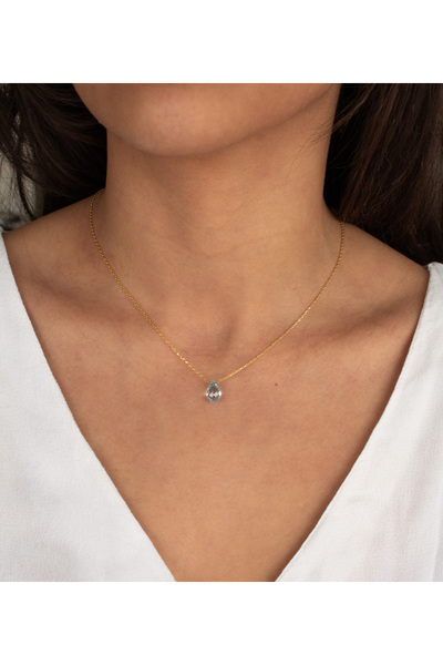 925 Ayar Gümüş Rodyum - Altın Kaplama 3 Ct Yarı Değerli Mavi Doğal Topaz Taşlı Kolye