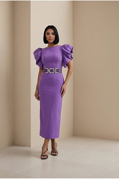 ALFUDO Moda Collection فستان سهرة للحفلات الراقصة بأكمام بالون وحزام مرصع بال...