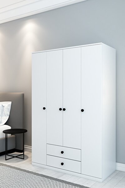 izcodesign 4 Kapaklı 2 Çekmeceli Gardırop - 180 cm Raflı Geniş İç Hacimli Genç ve Yatak Odası Elbise Dolabı