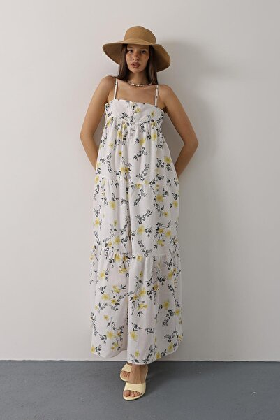 Trend Alaçatı Stili Women's Yellow Floral Pattern Strap Detailed Multi-Layere...