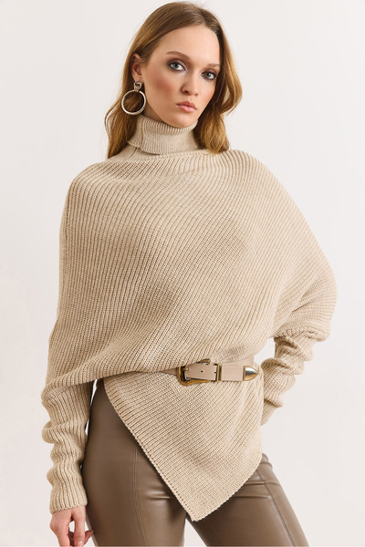 Olalook Women's Stone Turtleneck Asymmetrical Poncho Sweater Kzk-19001145