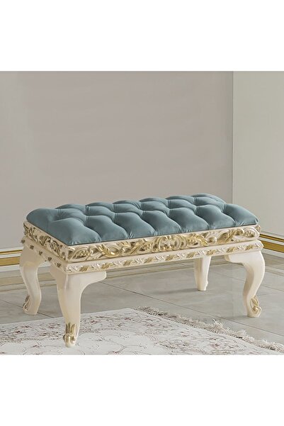 Dekordelisi Antik Avantgarde Legno Puf Turkuaz-Krem EN: 80 cm BOY: 40 cm DERİ...