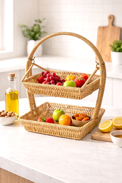 Kitchen Life Hasır Görünümlü İki Katlı Meyve Sunum Sunum Sepeti - Masa Üstü O...