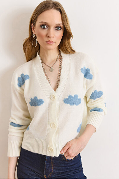 Olalook Women's Ecru Cloud Detailed Soft Textured Knitwear Cardigan Hrk-19000462