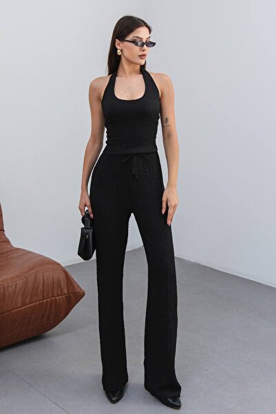 Trend Alaçatı Stili Women's Black Halter Neckline Textured Crop Top Pants Sui...
