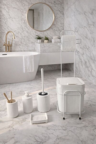 decorev Standlı Beyaz Banyo Aksesuar Seti Tuvalet Fırçası, Banyo Kovası, Sabu...