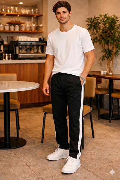 Tarz Cool Men's Black Striped Sweatpants Lace-Up Baggy Relaxed Fit Casual Spo...