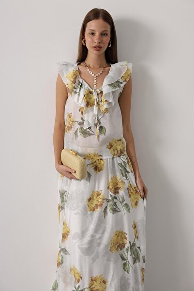 Trend Alaçatı Stili Women's Yellow Floral Pattern Ruffle Collar Blouse Vs00647