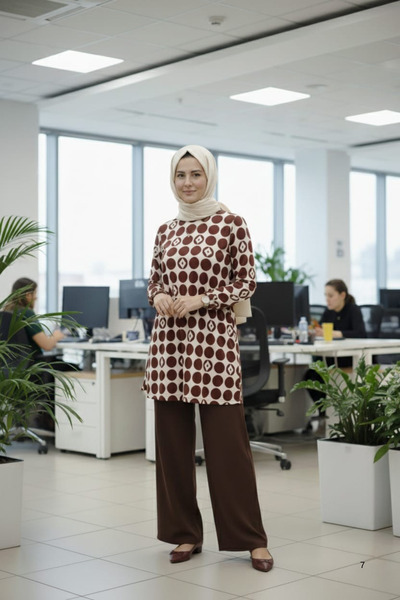 BNZ TEKSTİL Brown Viscose Hakim Collar Slit Geometric Patterned Side Gathered...