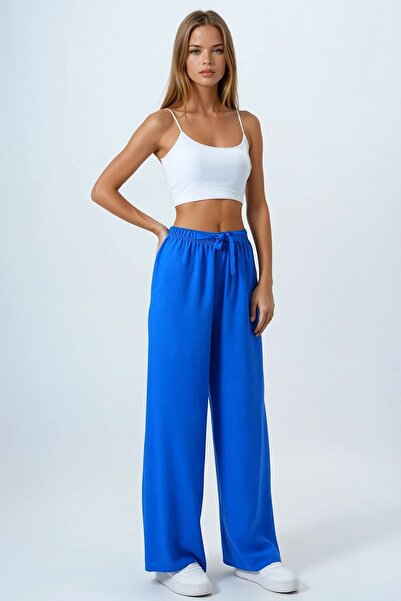 Trend Alaçatı Stili Women's Cobalt Lace-Up Elastic Waist Double Pocket Viscos...