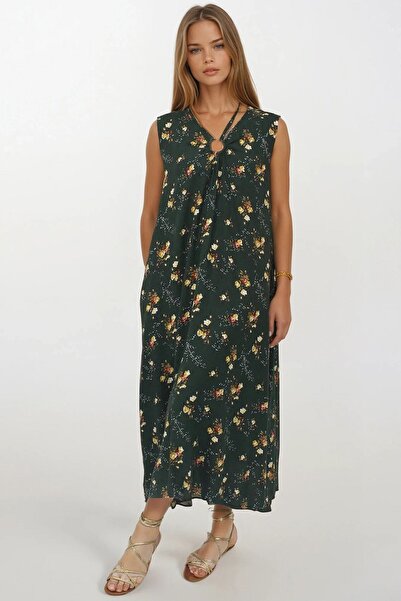 Trend Alaçatı Stili Women's Khaki Accessory Detailed Patterned Maxi Length Do...