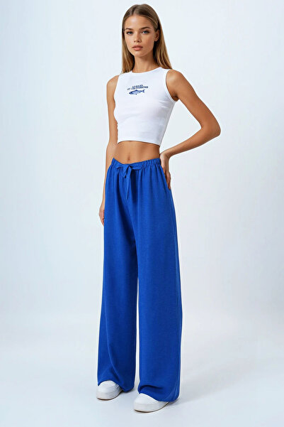 Trend Alaçatı Stili Women's Cobalt Tie-Up Elastic Waist Linen Palazzo Pants V...