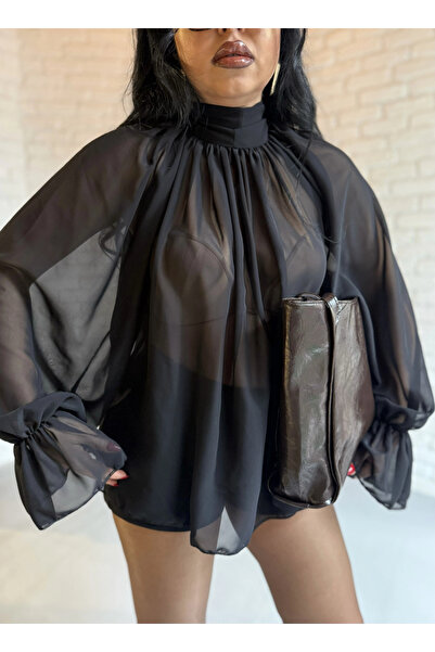 moneta boutique Women's Cape Cut Princess Sleeve Chiffon Blouse