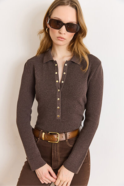 Olalook Women's Brown Polo Collar Pullover with Snap Detail and Soft Texture ...