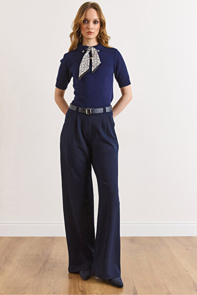 Olalook سترة نسائية محبوكة باللون الأزرق الداكن مع جيوب وحزام بنطلون واسع الأ...