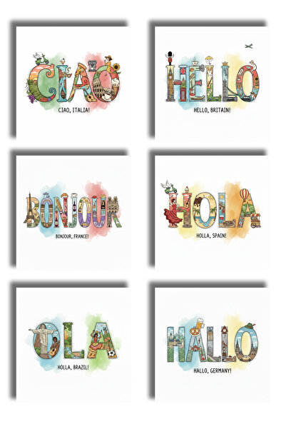remonz Hello Themed Printed Wooden Coasters 9X9 cm (6 Pcs) Presentation Acces...