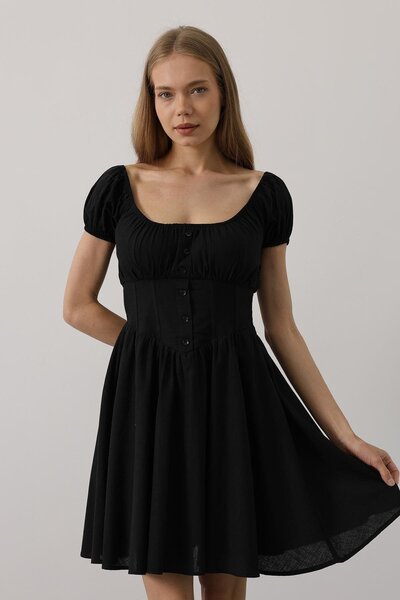 Trend Alaçatı Stili Γυναικείο Μίνι Φόρεμα με Μαύρο Κορσέ στη Μέση VS00549