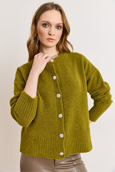 Olalook Women's Oil Green Stone Button Detailed Soft Textured Knitwear Cardig...