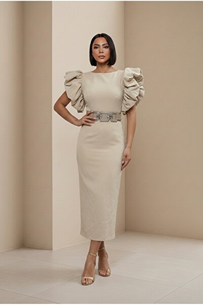 ALFUDO Moda Collection Balloon Sleeve Crystal Stone Belted Graduation Evening...