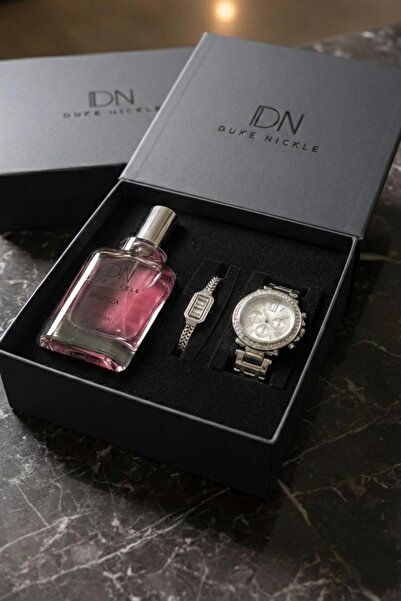 Duke Nickle Taşlı Bileklikli Gümüş Metal Kordon Kadın Kol Saati Parfüm Kutulu...