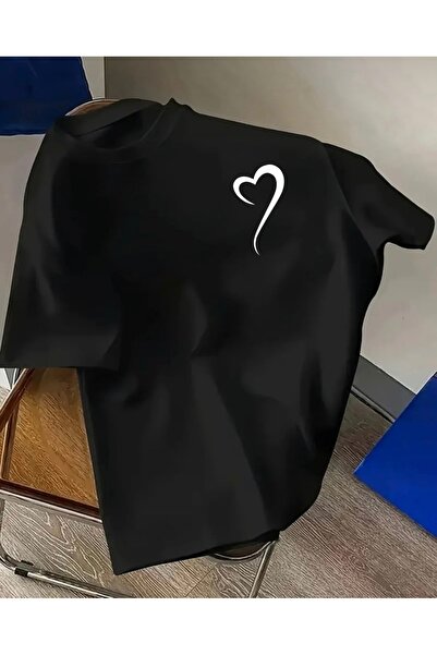FUFLUNS Half Heart Small Print Oversized Crewneck T-Shirt