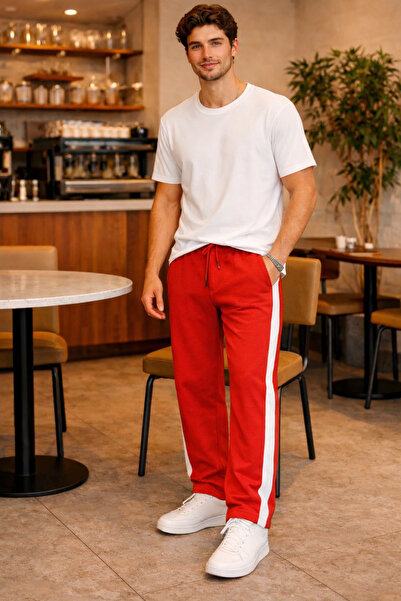 Tarz Cool Men's Red Striped Sweatpants Lace-Up Baggy Relaxed Fit Casual Sport...