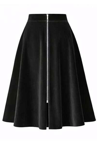 WAYS Women's Velvet Black Front Zipper Long Flared Mevlana Skirt