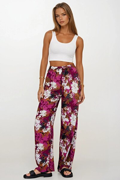 Trend Alaçatı Stili Women's Fuchsia Elastic Waist Lace-Up Patterned Viscose P...