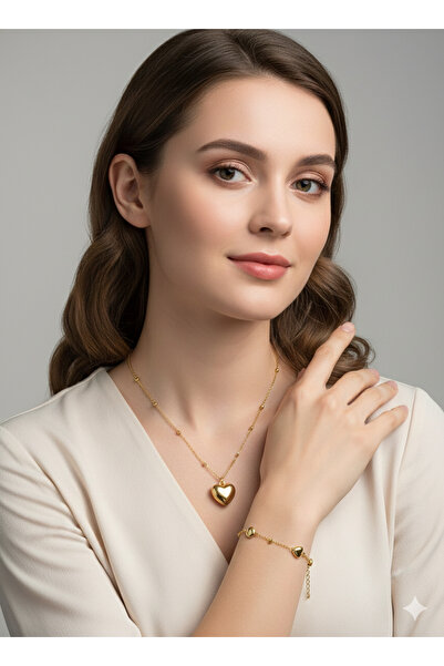 Lal Kalp cahrm çelik kolye bileklik 2 li takım