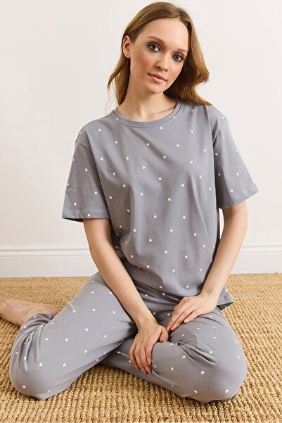 Olalook Γυναικείο κοντομάνικο σετ σε γκρι χρώμα με σχέδιο καρδιάς, 100% βαμβά...