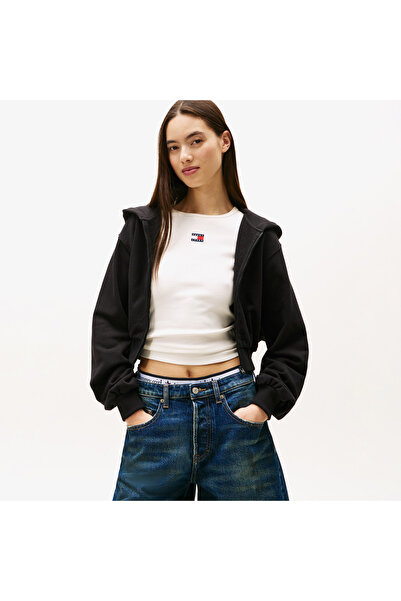 Tommy Hilfiger Tommy Jeans Relax Crop S-Flag Kadın Siyah Fermuarlı Hoodie