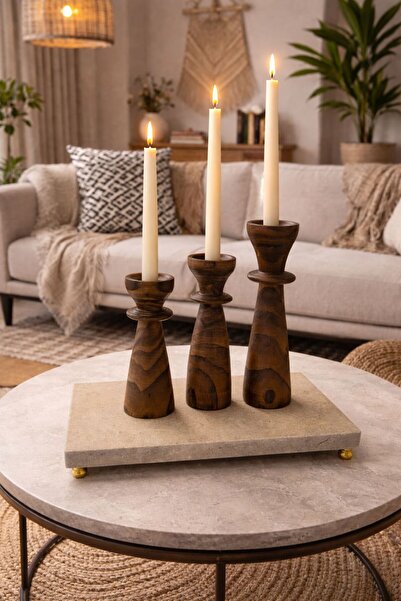 ENYAZA(2024) 3'lü Set Doğal Ahşap Iskandinav Şamdan & Vazo & Mumluk Rustik Mo...