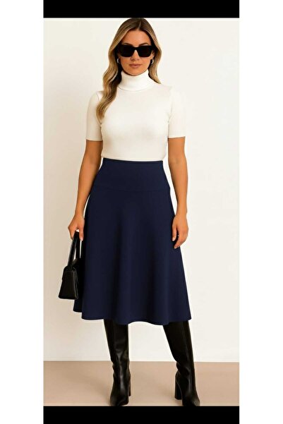 ZUM Diz Altı Lacivert Selanik Kadın Kloş Midi Etek Yüksek Bel Lastikli Salaş ...