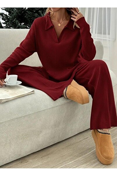 Aymood Women's Long Sleeve V-Neck Fleece-Lined Ribbed Knit Blouse and Pants D...