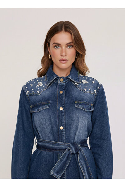 SUPER FASHION CLUB Women's Denim Stone Belted Jeans Dress