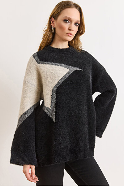 Olalook Women's Black Star Detailed over Beard Knitwear Sweater Kzk-19001144