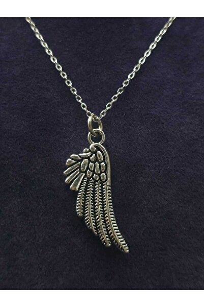sarıyer silver Angel Wing Steel Necklace Single Wing Detail Embroidered Angel...