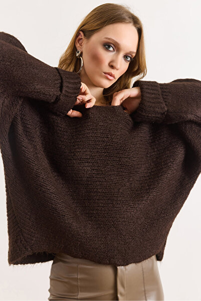 Olalook Women's Brown Boat Neck Cuff Detailed Batwing Knitwear Sweater Kzk-19...
