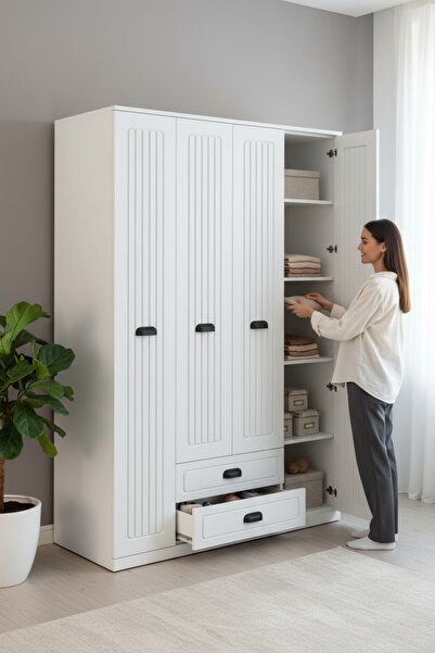 izcodesign Country 4 Kapaklı 2 Çekmeceli Gardırop - MDF Membran Kapak | 180 cm Raflı Askılıklı Elbise Dolabı