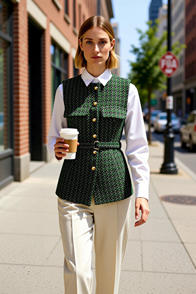 BENERLY Women's Crew Neck Sleeveless Fitted Woven Tweed Vest Buttoned Belted ...