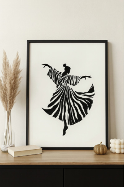 lawhat لوحة فنية مودرن تجسد رقصة أنثوية بخطوط سوداء متداخلة على خلفية بيضاء، ...