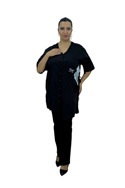 AY-SEL Plus Size Cotton Capri Sleeve V-Neck Belted Women's Shirt with Pockets
