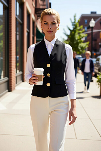 BENERLY Women's V-Neck Sleeveless Fitted Cut Button Detailed Woven Vest Regul...