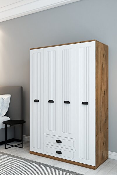 izcodesign Country 4 Kapaklı 2 Çekmeceli Gardırop - MDF Membran Kapak | 180 cm Raflı Askılıklı Elbise Dolabı