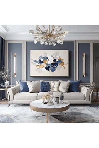 lawhat لوحة فنية راقية بتصميم تجريدي مستوحى من تناغم الأزرق والذهبي على خلفية...