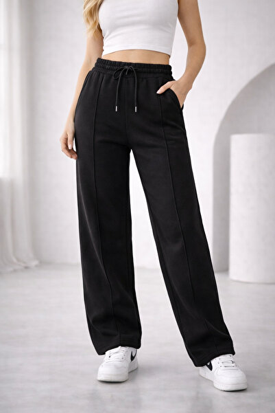 QUHOX Women's 3-Thread Fleece Lined Ov Oversized Black Sweatpants