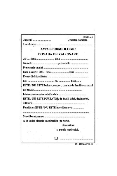 DanyCris Aviz epidemiologic, dovada de vaccinare A6