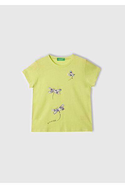 United Colors of Benetton Tricou galben brodat și imprimat pentru fete